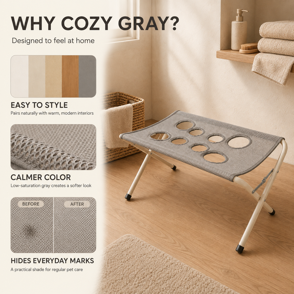 The grooming stand in cozy gray set up in a bathroom, with swatches showing the colour pairs with warm interiors and hides everyday marks