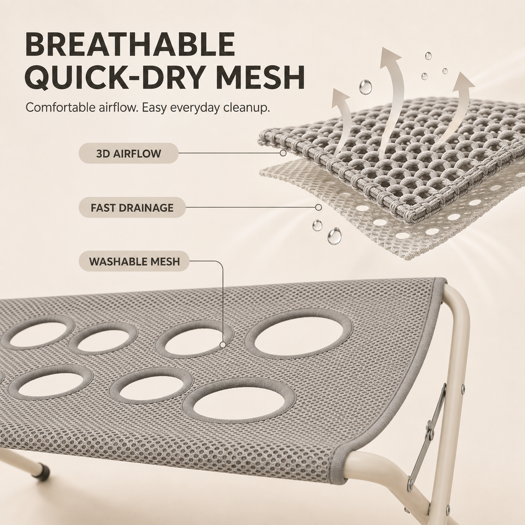 Cutaway of the breathable quick-dry mesh surface showing 3D airflow, fast drainage and a washable weave around the leg openings