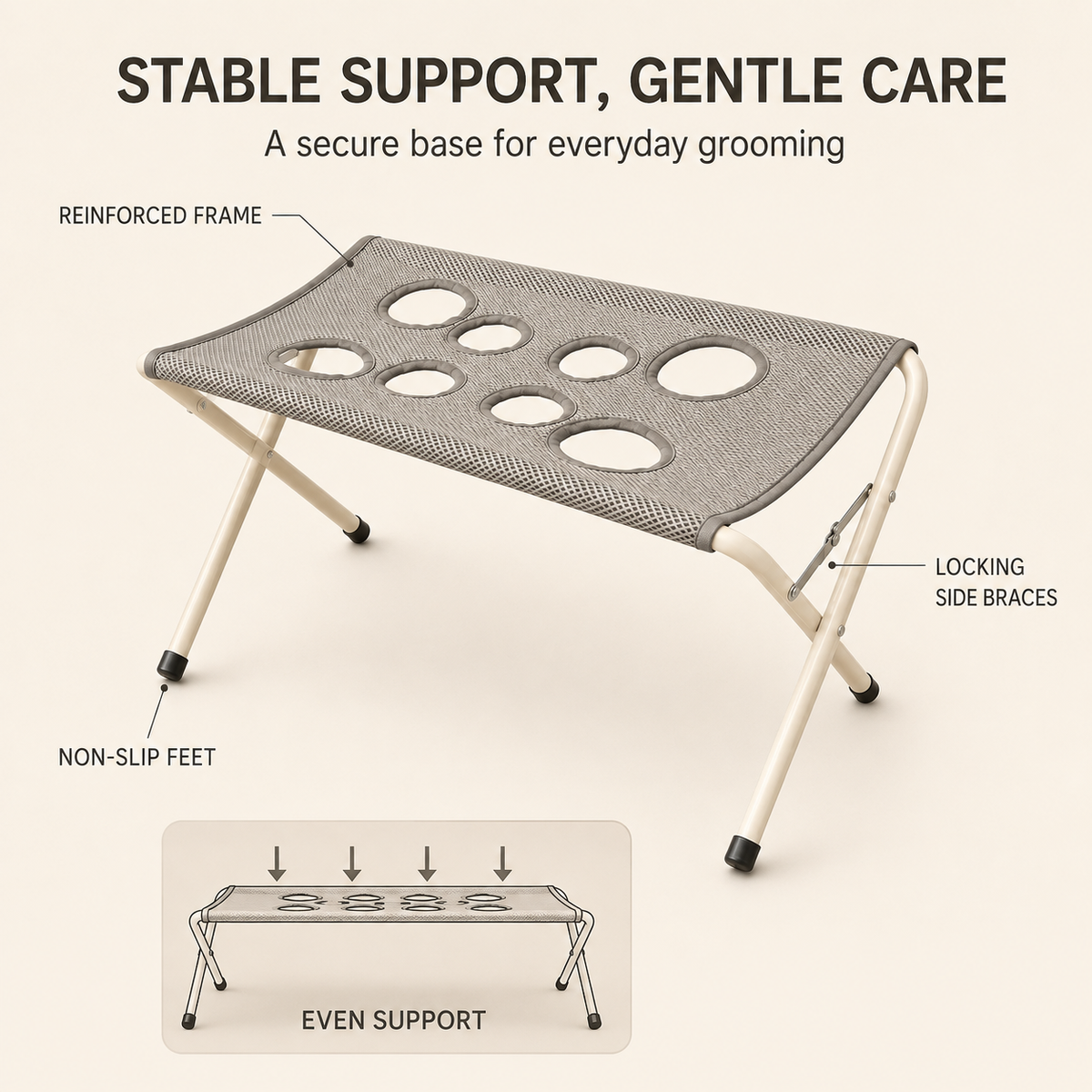 Diagram of the stand's reinforced frame, locking side braces and non-slip feet, with arrows showing even support across the surface